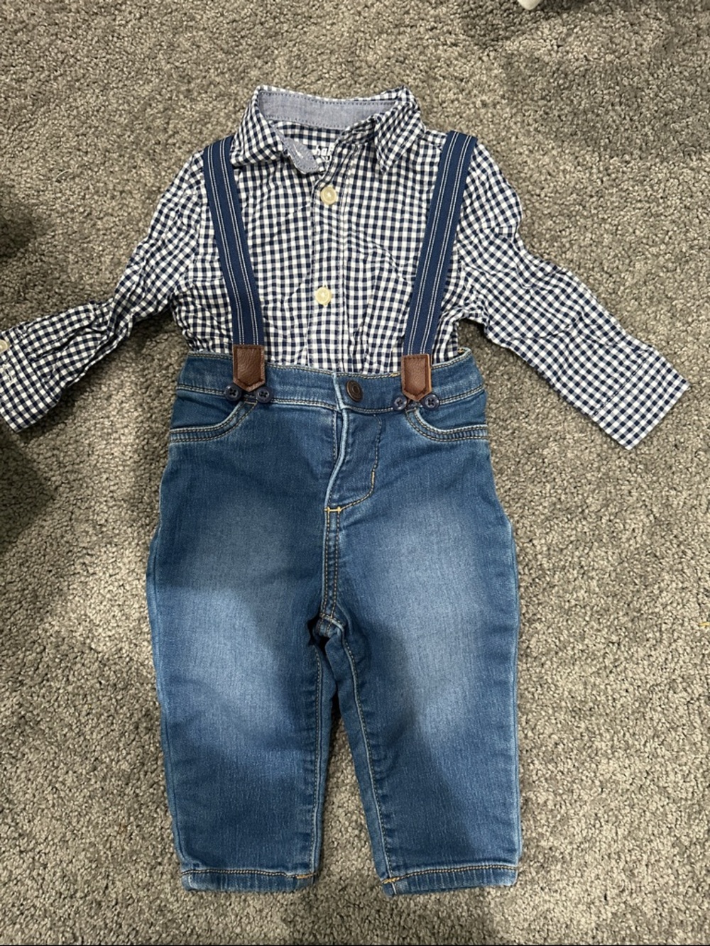 Gingham Button-Up Shirt with Denim Pants & Navy Suspenders